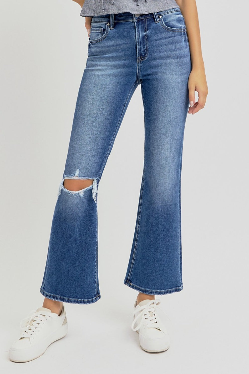 Distressed High Rise Crop Flare Jeans Risen Dark 0(24)