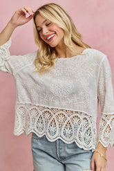 Floral Embroidered Crochet Lace Trimmed Top So Me OFF WHITE SM