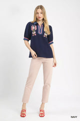 Embroidered Puff Sleeve Contrast Trim Top Umgee