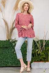 Long Sleeve Floral Ruffle Detail Tiered Top Celeste