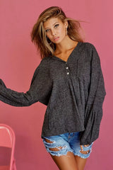 BiBi Textured Knit Hoodie with Buttoned Placket Trendsi BLACK CHARCOAL S