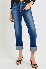 High Rise Ankle Straight Cuffed Jeans With Plus Size Risen