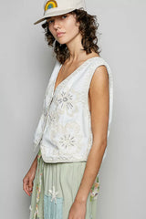Embroidered Floral V-Neck Button Down Crochet Vest POL