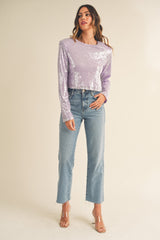 Shoulder Padded Sequin Crop Long Sleeve Top Mable