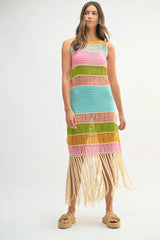 Multi Color Fringed Crochet Knit Dress Mable