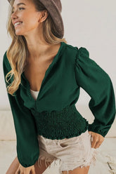 Smocking Waist Band and Puff Sleeves Deep V Neck Top BiBi HUNTER S