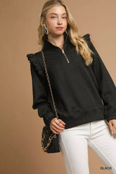Cable Knit Textured Pullover with Ruffle Shoulders Umgee Black XS