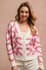 Textured Heart Buttoned V Neck Cardigan BiBi PINK S
