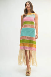 Multi Color Fringed Crochet Knit Dress Mable Aqua Multi S