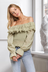Smocking Blouse with Eyelet Lace Ruffle Adora SAGE S