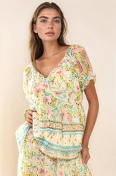 Spring Floral Border Print Ruffled Textured Top Davi & Dani MINT GREEN S