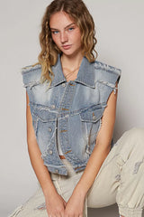 Assymetrical Front Closure Raw Hem Denim Vest POL