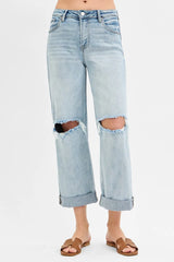 Mid Rise Fit Boyfriend Jeans with Cuff With Plus Size Risen