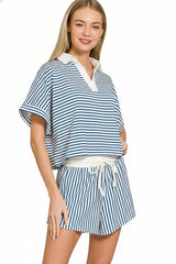 Striped Collared Top & Shorts Set ZENANA