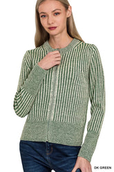 Ribbed Two Tone Zip Up Sweater Cardigan ZENANA DK GREEN S