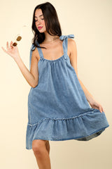 Shoulder Tie Washed Denim Ruched Mini Dress Very J