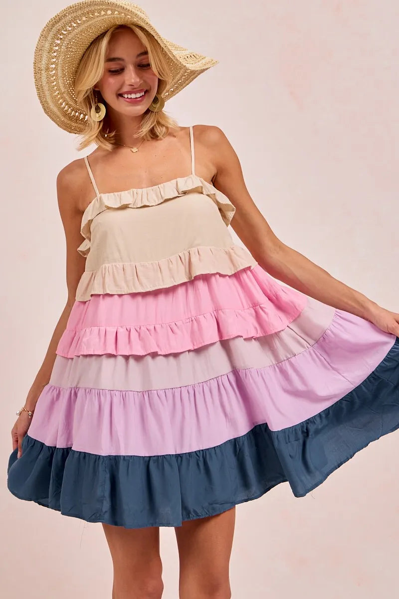 Color Blocked Tiered Dress BiBi CREAM/PINK/LILC/TEAL S