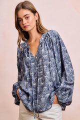 Ribbon Bow Print Exaggerated Balloon Sleeves Top BiBi