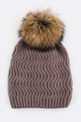 Raccoon Fur PomPom Chevron Knit Beanie Simmer & Fay Brown 1