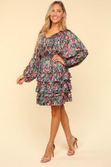V-Neck Satin Floral Layered Dress Haptics