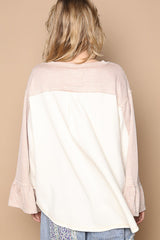 Striped Flounce Sleeve Exposed Seam Top POL