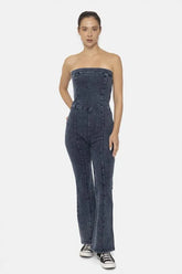 Cotton Blend Strapless Flared Jumpsuit Mono B DENIM S