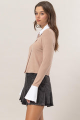Collared Contrast Button Down Crop Knit Cardigan HYFVE