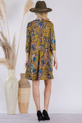 Paisley Print Round Neck Quarter Sleeve Dress with Pockets Celeste