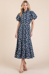 Natural Leaf Pattern Eyelet Lace Puff Sleeve Dress GeeGee