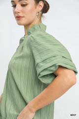 Seersucker Bubble Sleeve V-Neck Blouse Umgee