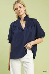 Textured Smocked Yoke Split-Neck Top Umgee Navy S