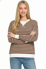 Contrast Striped Round Neck Sweatshirt ZENANA