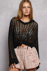 Openwork Round Neck High Low Knit Top POL BLACK S