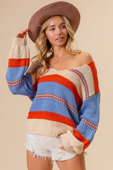 Multi Color Stripe Scoop Neck Sweater BiBi Rust/Oatmeal/Blue S