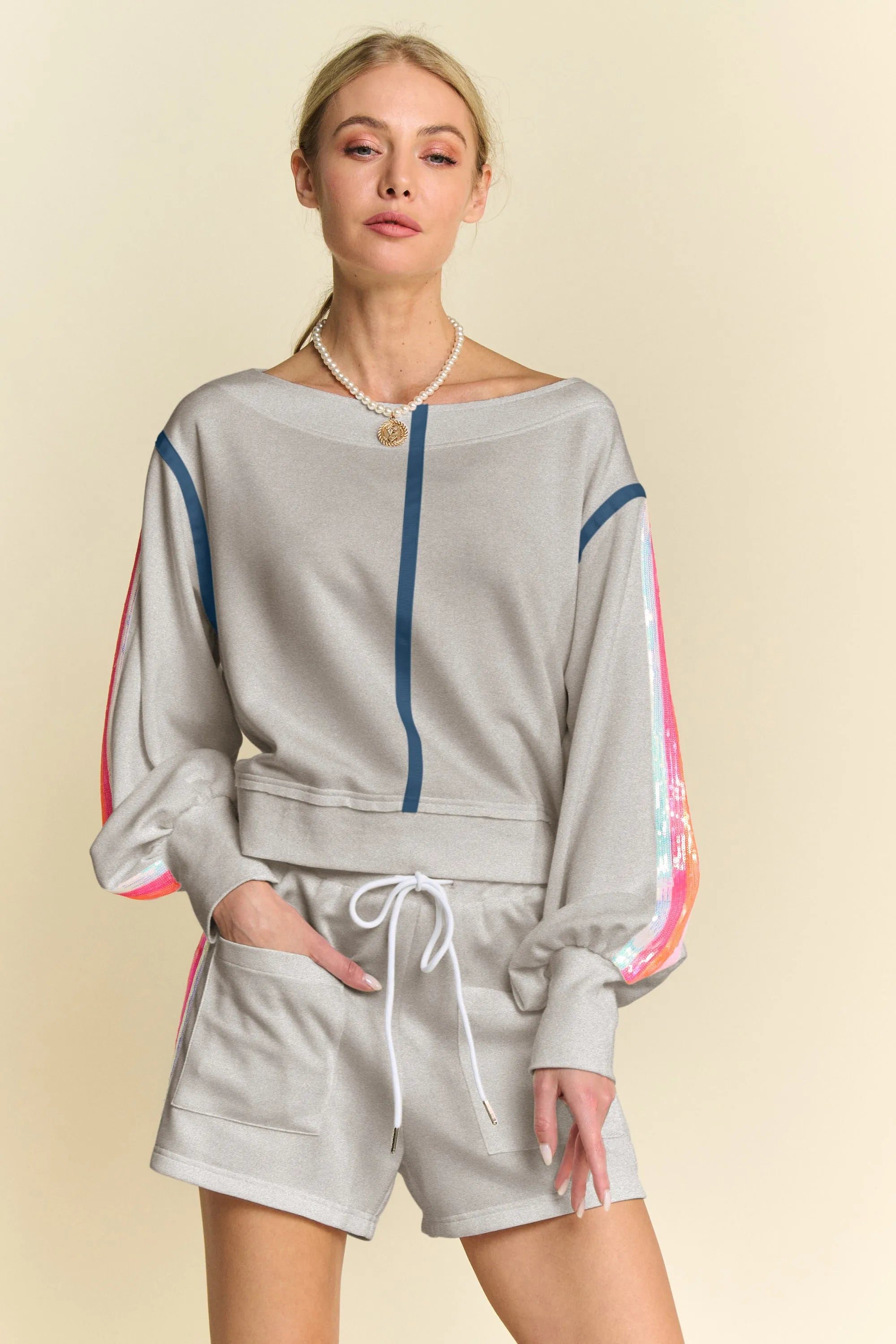 Sequin Stripe Long Sleeve Top And Short Pants Set Davi & Dani