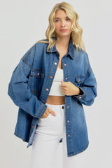 Snap Down Long Sleeve Denim Shacket Risen