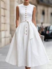 Sleeveless Button-Front Belted Midi Dress Simmer & Fay White S