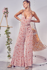 Floral Print Cirnkled Gauze Spaghetti Strap Jumpsuit BiBi Dusty Pink S