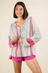 Multi Color Stripe Long Sleeve Ribbed Knit Hoodie Very J