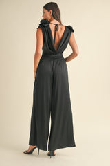 3D Floral Applique Deep Cowl Neck Jumpsuit Mable
