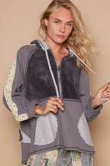 Half Zip Up Fleece Mix Back Star Patch Hoodie POL Charcoal S