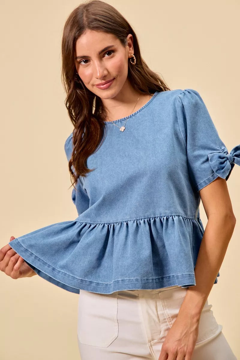Denim Bow Detail Short Sleeves Peplum Top So Me DENIM S