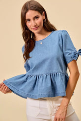 Denim Bow Detail Short Sleeves Peplum Top So Me DENIM S