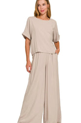 Round Neck T-Shirt and Wide Leg Pants Set ZENANA ASH MOCHA S