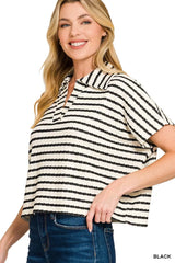 Striped Split Neck Collared Top ZENANA