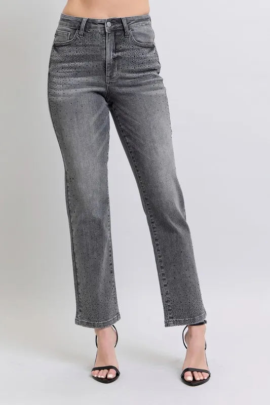High Waist Rhinestone Straight Jeans Judy Blue GRY 0(24)