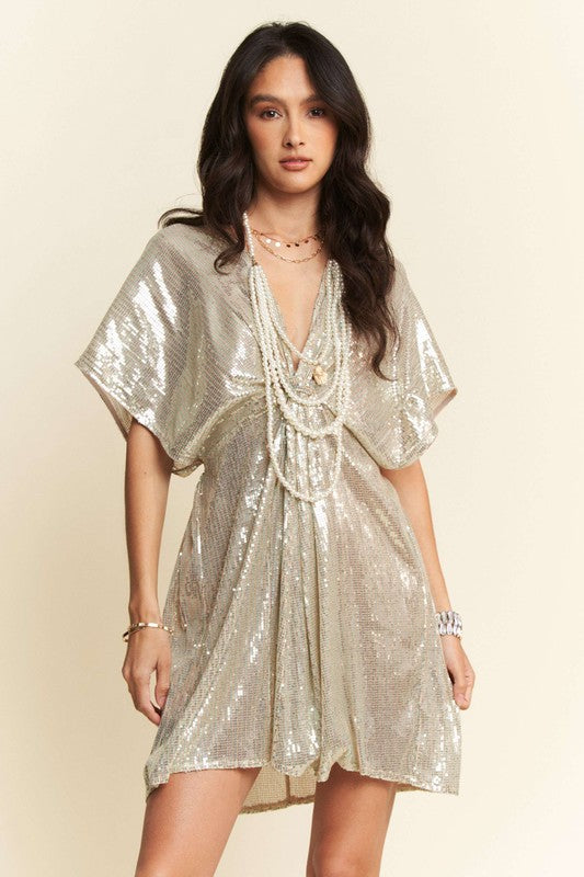 Sequin Plunge Neck Knot Cut Out Tie Back Party Dress Davi & Dani Natural S