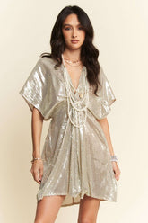 Sequin Plunge Neck Knot Cut Out Tie Back Party Dress Davi & Dani Natural S