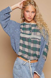 Round Neck Long Sleeve Plaid Shirt POL Teal Multi S