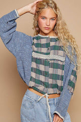 Round Neck Long Sleeve Plaid Shirt POL Teal Multi S